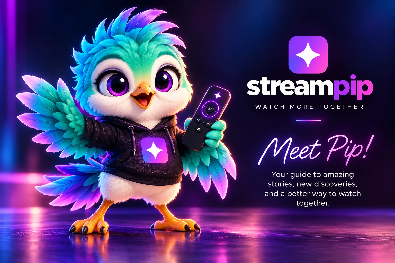 Meet Pip! The full-body teal and violet StreamPip bird mascot waves and holds a remote beside the StreamPip logo and invitation to discover great stories.